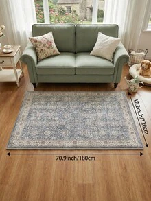 1pc Persian Floral Light Blue Distressed Living Room Rug, Suitable For Kitchen, Dining Room, Bedroom, Room Holiday Decor, Indoor/Outdoor, Office, Lobby, Non-Slip Doormat, Bathroom Rug, Hallway, Study Gaming Area Rug - Dusty Blue - View 20
