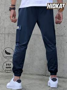 Men's Lightweight Casual Cargo Pants, Solid Color Multi-Functional With Drawstring Waist And Flap Pockets, Suitable For Outdoor Wear, Spring/Summer - Navy Blue - View 3
