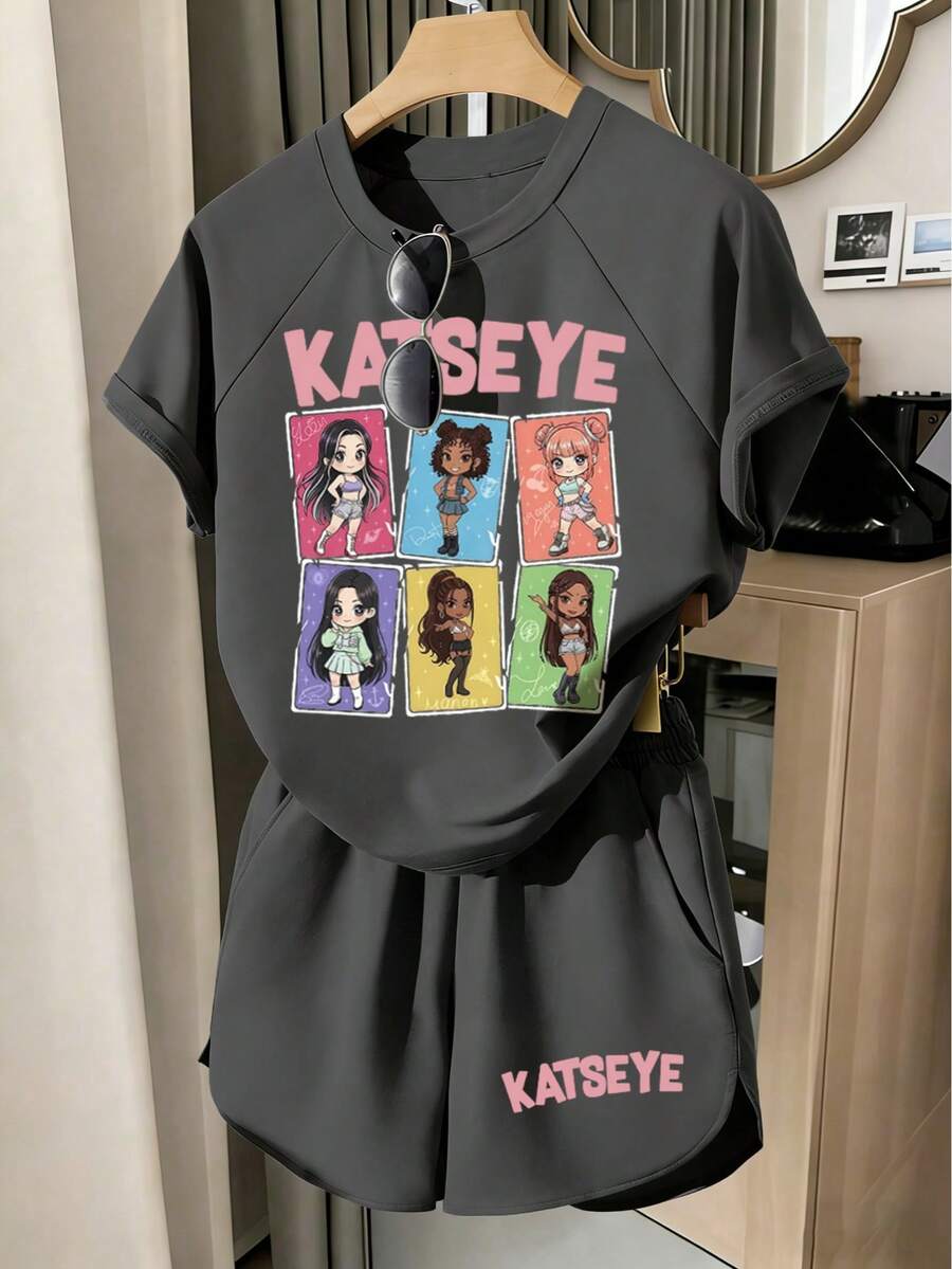 青少年女孩圓領字母卡通圖案短袖T恤與短褲休閒日常套裝 - 深灰色 - 查看 1