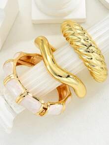 3pcs/Set Stackable Fashion Minimalist Elegant Exquisite Vintage Design Geometric Ribbon Texture Oil-Drip Pattern Asymmetric Motif CCB Polished Plain Band Metal Style Wide Chunky Bangle Bracelet Set, Holiday Vacation Party Date Gift, Daily Commute Wear, Personalized - Yellow Gold - View 3
