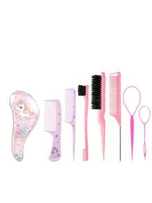 Set di 8 pezzi di strumenti per lo styling dei capelli a forma di luna crescente e unicorno - Include pettine a cartone animato, pettine da riparazione, spazzola laterale, pettine a coda e strumenti per trecce, adatto per tutti i tipi di capelli - Multicolore - Visualizzare 7