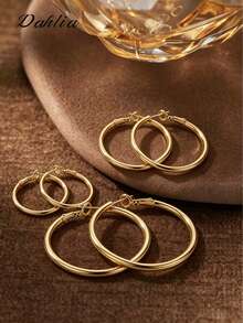 3 Pairs Women's Gold Hoop Earrings Set, Stainless Steel Hoop Earrings, Minimalist Fashion Jewelry, Suitable For Daily Wear And Party - Gold - View 7