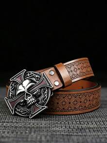 1pc Unisex Western Style Belt, Vintage Design, Personalized Fashion Alloy Buckle, 1.46in/3.7cm Wide Embossed Belt, Length Adjustable, Perfect Gift For Western Cowboy - Multicolor - View 4