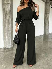 ChicMe Women's Oblique Collar Drawstring Cuff Elastic Waist Jumpsuit, Casual High Waist Wide Leg Jumpsuit, Elegant For Daily Office, Party Wear - Black - View 6
