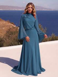 Women's Elegant Sleeveless Long Ball Gown With Brooch, 3D Floral Decor, Draped Slimming Design And Train - Navy Blue - View 1