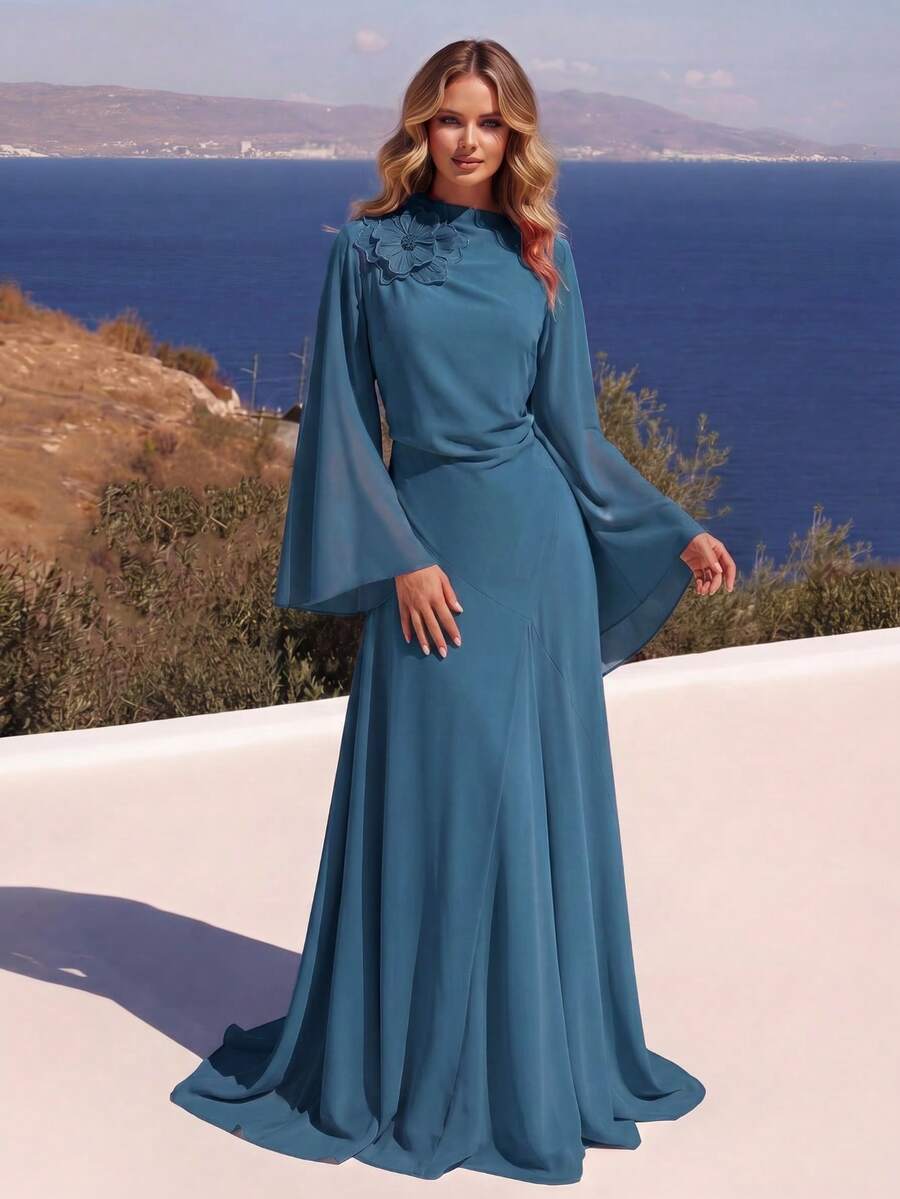Women's Elegant Sleeveless Long Ball Gown With Brooch, 3D Floral Decor, Draped Slimming Design And Train - Navy Blue - View 1