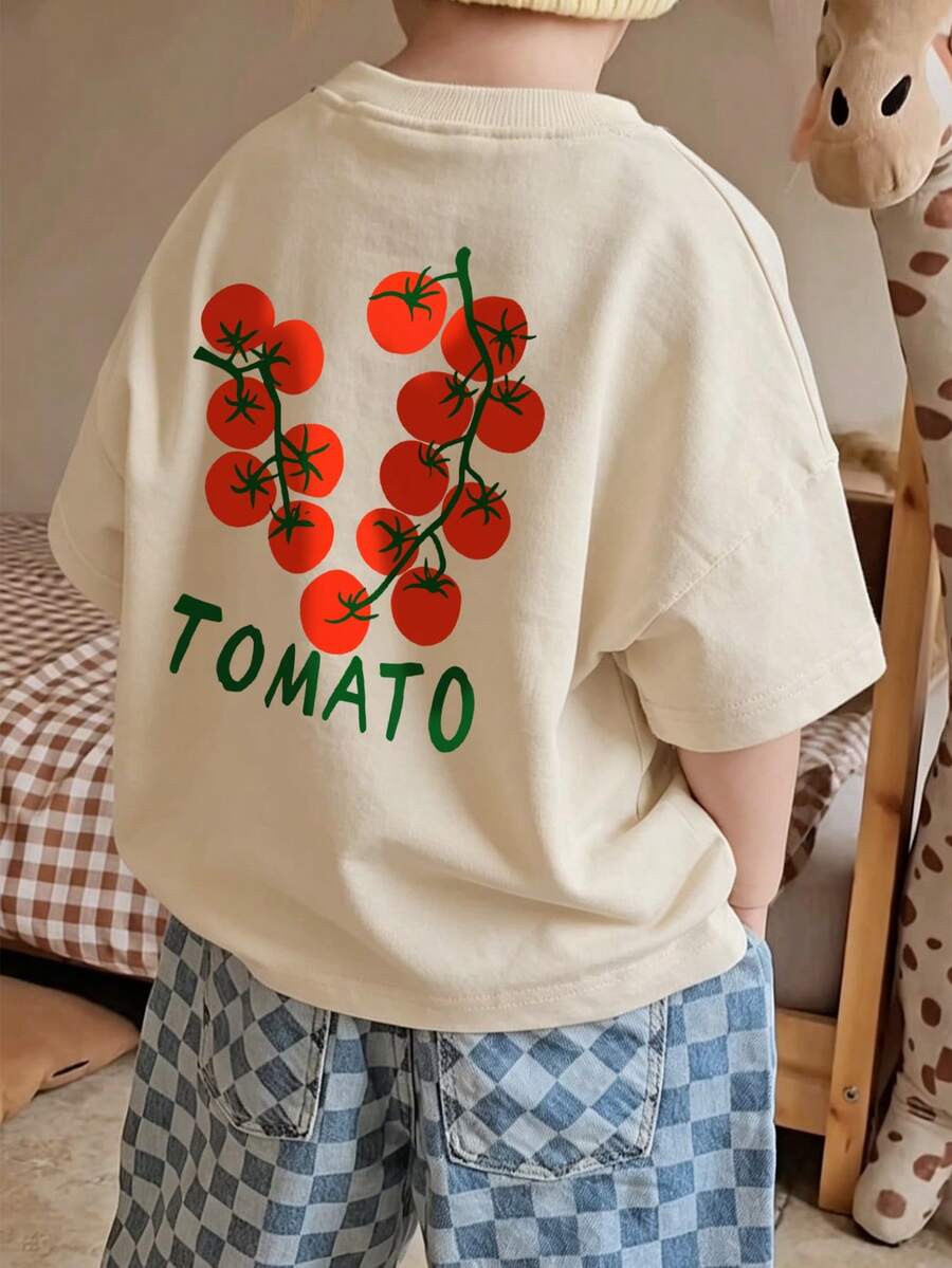 Unisex Baby Tomato Slogan Print Back Graphic T-Shirt, Loose Fit Soft Knit Summer Short Sleeve Top, Suitable For Little Boys - Apricot - View 1