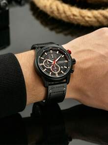 1pc Quartz Wristwatch With Leather Strap - Black - View 5