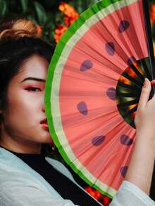 1 Pc D EXCEED Large Folding Hand Rave Fan, Watermelon Print Design, Music Festival, Carnival, Rainbow Outfits, Disco, Neon, Glow Party Decorations - Multicolor - View 2