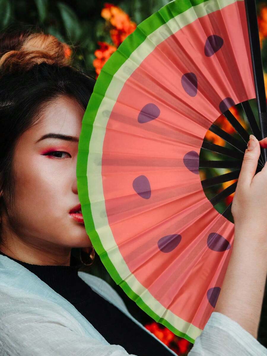 1 Pc D EXCEED Large Folding Hand Rave Fan, Watermelon Print Design, Music Festival, Carnival, Rainbow Outfits, Disco, Neon, Glow Party Decorations