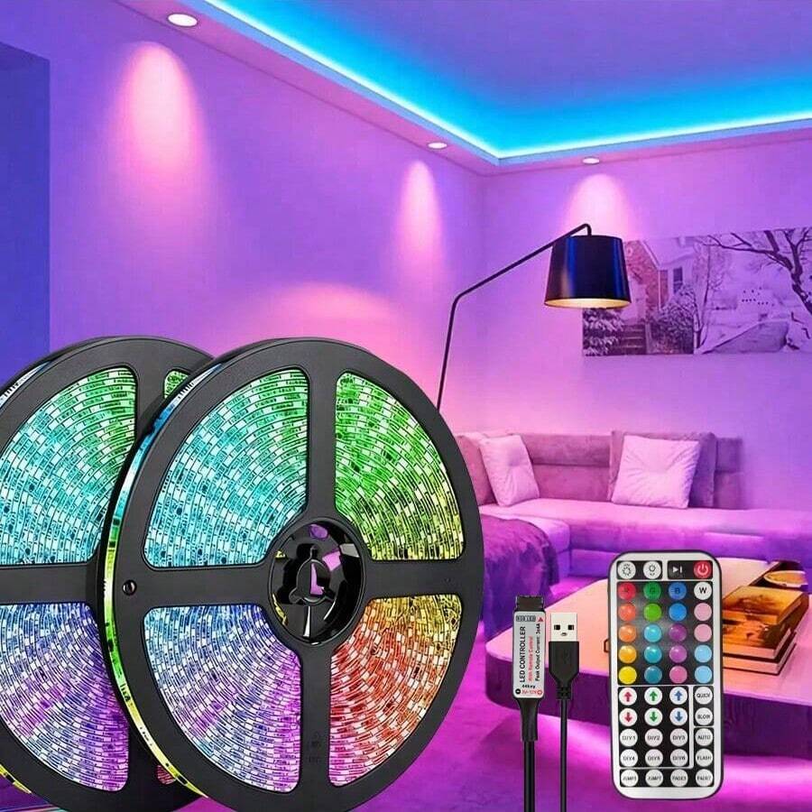 1条1米/2米/3米/5米/10米/15米/20米RGB LED灯带，带音乐同步和定时模式，适用于卧室、游戏室、客厅、厨房、舞蹈室、派对装饰、节日礼物、圣诞装饰