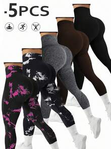 Set de 5 pantalones de yoga de cintura alta sin costuras para mujer, que realzan las caderas, versátiles para uso diario, casual, vacaciones y deportes, con diseño de teñido anudado para pri - Marrón Mocha - Ver 1
