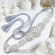 1pc Women Statement Wide Gold Color Waist Belt, Hollow Carved Metal Filigree With Rhinestone, Tassel Drawstring Waistband Accessory For Kaftan - Metal Belt - View 8
