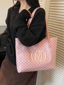 歐美女款通勤托特包 時尚單肩包 大容量極簡復古印花手提包 - 粉色 - 查看 3