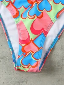 女款休閒優雅彩色愛心印花掛脖高彈性夏季海灘性感比基尼套裝 度假用 - 彩色 - 查看 5