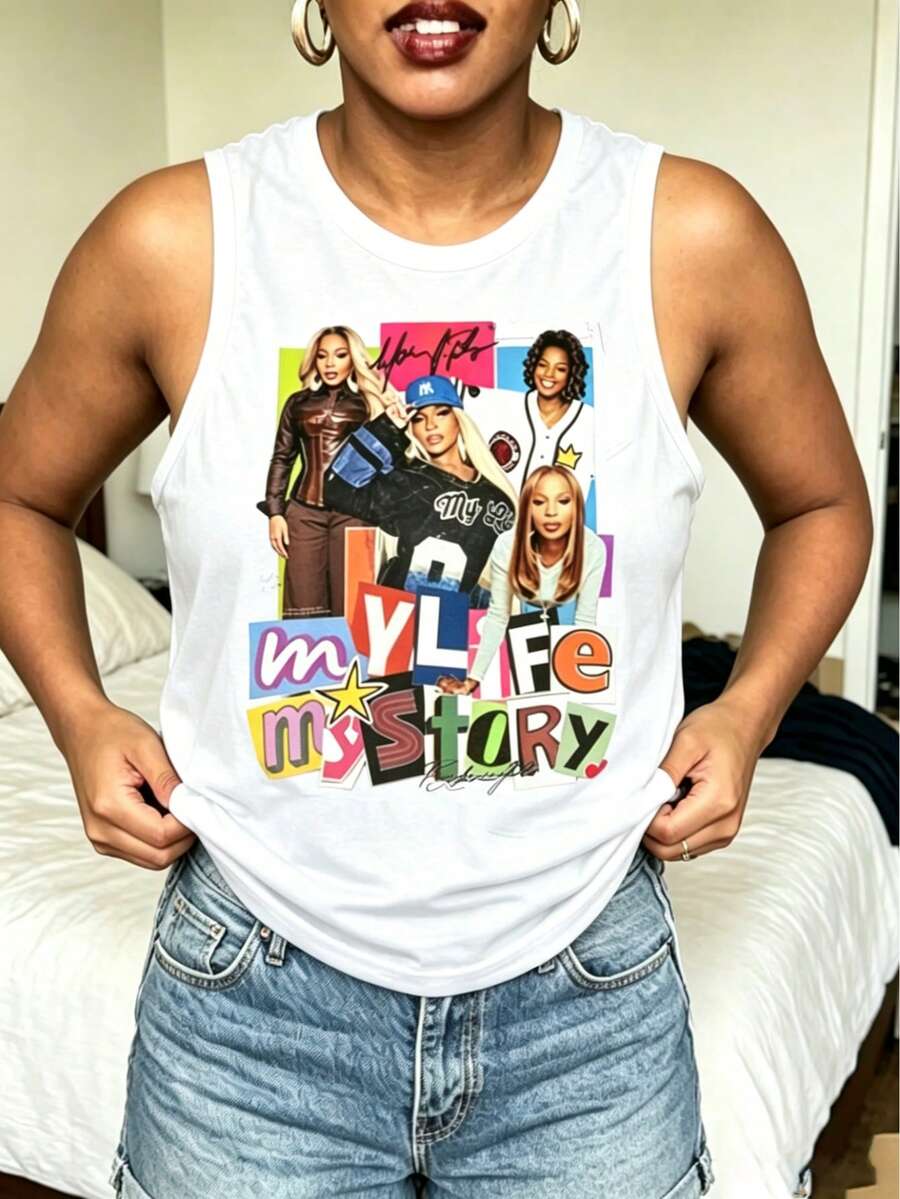 Mary J Blige Graphic Tank Tops Women, Y2K Summer Sleeveless Tops, Music Festival Going Out Crop Tops, Casual Streetwear - 白色3 - 查看 1