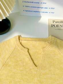 Women's Raglan Small V-Neck Knitted Top, Short Length, High Waist, Ribbed Hem, Soft Skin-Friendly, Spring/Autumn Casual Long Sleeve Base Layer Sweater - Yellow - View 3