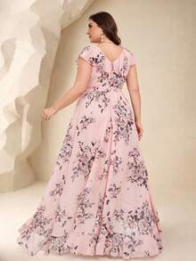 UNITHORSE Non-Positioning Flower V-Neck Ruffle Collar Detachable Tie Asymmetrical Ruffle Hem Printed Bridesmaid Dress - Baby Pink - View 2