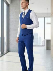 Conjunto de traje de 2 piezas azul real para hombre - chaleco y pantalones, unicolor elegante de corte slim, casual, de negocios, de boda, de fiesta, tallas XS-3XL - azul real - Ver 6