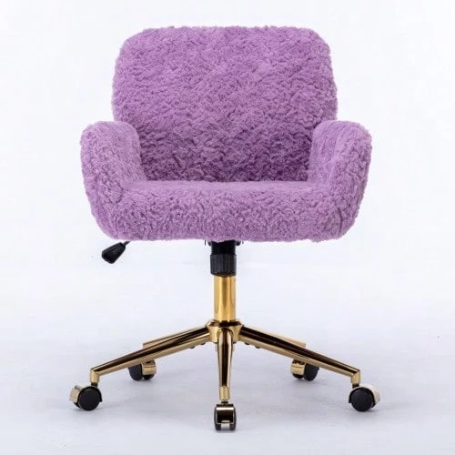 Dressing Chair In Fluffy Faux Rabbit Fur, Purple, Height Adjustable, 360° Swivel, With Armrests, Gold Metal Caster Base, Comfortable, Ideal For Bedroom Or Office, DE1831VT - 紫色 - 查看 1