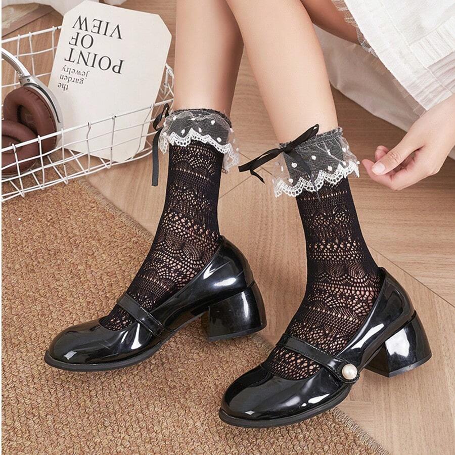 OU LIAN NIAO 1/2 đôi tất Lolita phong cách Gothic nơ, cao đến bắp chân, dễ thương thu hút, phù hợp cho mùa tựu trường - Nhiều màu - View 1