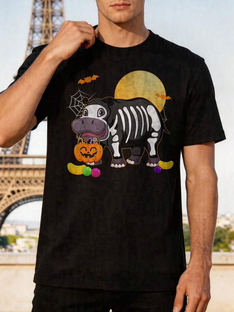 Camiseta de Hombre con Estampado de Calavera de Hipopótamo - Camiseta Casual de Manga Corta con Cuello Redondo para Verano, Corte Regular para Atuendos Casuales y Temáticos - Negro - Ver 1