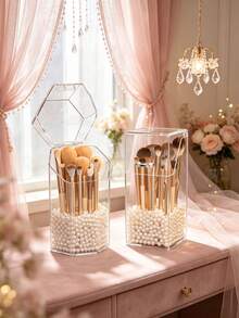 1/2pcs Acrylic Makeup Brush Holder With Lid, French Style Vanity Desktop Dust-Proof Pen Holder, Makeup Tool Storage Box, Home Makeup Room Skincare Product Storage Container,Bedroom Room Decor,Back To School - Multicolor - View 3