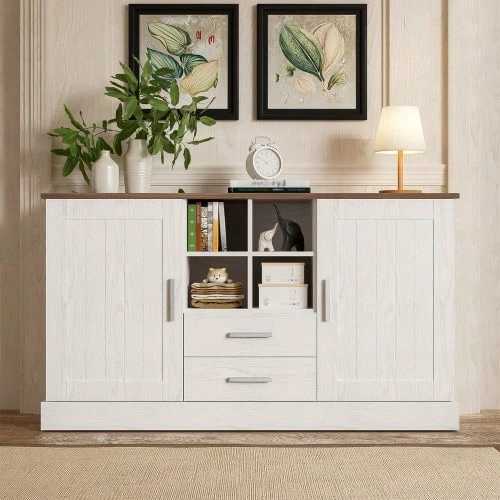 Sideboard 140 X 40 X 79.5 Cm, White And Brown Wood Grain - 2 Doors, 2 Drawers - White - View 1