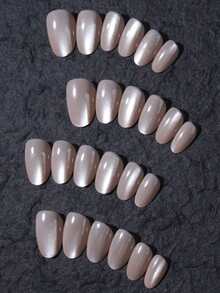 Instant Style Upgrade! 24pcs Short Oval Nude Crystal Cat Eye Nail Stickers Set, Acrylic Material, Includes 1pc Jelly Glue And 1pc Nail File - 彩色 - 查看 2