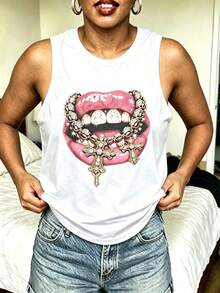 Women Round Neck Vest Top, Portrait Graphic Printed Top, Suitable For Spring, Summer And AutumnUnisex Vintage Washed Tank Top - White 4 - View 1