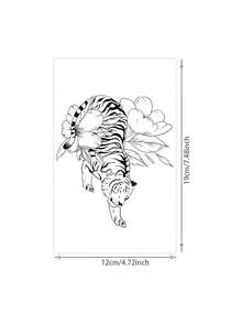 1 PC Men's Black Line Art Tiger & Peony Temporary Tattoo Stickers, Oriental Walking Wild Tiger Floral Large Waterproof Body Stickers For Arm Chest Rib Back Shoulder Decor - Black - View 6