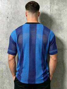 Spring/Summer New Vintage Sports Jersey Small V-Neck Striped Short Sleeve T-Shirt Top - Blue - View 3