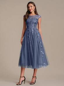 EVERPRETTY Elegant Dusty Blue Evening Midi Dress With Leaf Sequin Embroidered Sheer Neckline And Tulle Skirt For Wedding Guest Semi Formal Dress - Dusty Blue - View 7