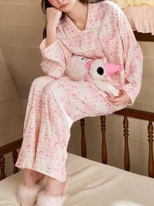 Gongdie 2 Pieces Snoopy Women Pajama Set,Spring Fall Soft Comfortable With Drop Shoulder Long Sleeve & Wide Leg Pants Loungewear - Pink - View 4