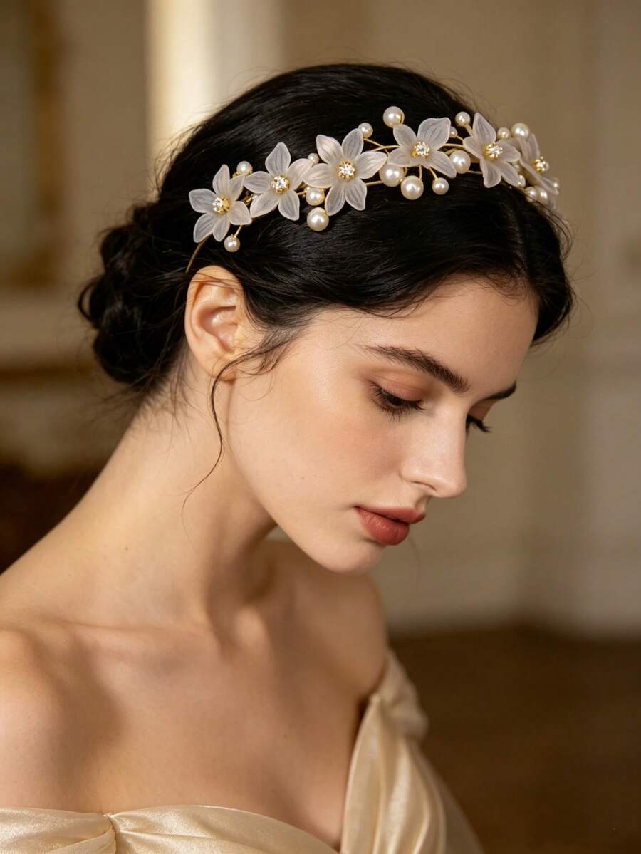 JOJELOO 1pc Minimalist Style Faux Pearl Flower Rhinestone Headband, Suitable For Women Bride Hairband, Hair Ring, Hair Accessory, Head Decoration - Gold - View 1