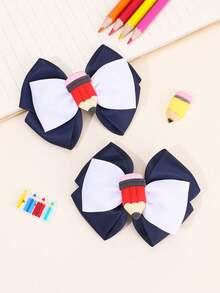 6/2pcs Back To School Pencil Hair Bows,Yellow Blue Heart Letter Bow Hair Clips,Pinwheel Alligator Clip,Cute Hair Accessories For Girls Gift,Daily - Multicolor - View 3