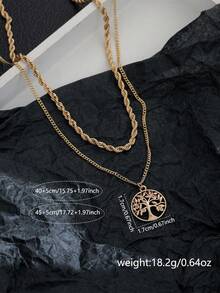 European And American Luxury Rhinestone Tree Of Life Double Layer Chain Necklace, Minimalist Layered Design Decorative Neck Chain - Yellow Gold - View 5