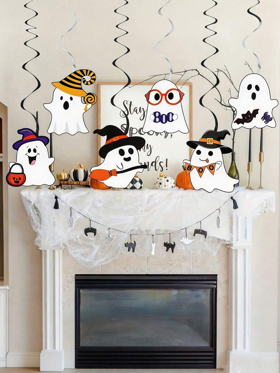 24/12PCS/1PC-Cute Cartoon Ghost Halloween Hanging Spiral Decoration, Witch Hat, Ghost, Bat Paper Spiral Tassel, Halloween Hanging Decoration, Halloween Party Supplies, Halloween Decoration, Autumn Halloween Decoration, Halloween Pendant Light Decoration, Suitable For Home Fireplace Indoor Party Decoration Supplies - Multicolor - View 1