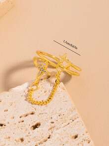 1pc Personalized Rhinestone Four-Pointed Star Chain Open Joint Finger Ring, Sweet & Cool Double Layer Design Star Ring, Hip-Hop Style - Gold - View 6