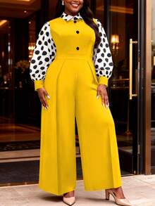 AOMEI Damen Große Größen eleganter & anmutiger gelber Polka Dot Langarm Jumpsuit mit hoher Taille und weitem Bein, Büro Party formelle Business Damen Arbeitskleidung, Schulanfang Abschlusssaison, Business Präsentation, Damen Arbeitsplatz Pendeln Party formeller Business Anzug - Gelb - Übersicht 7