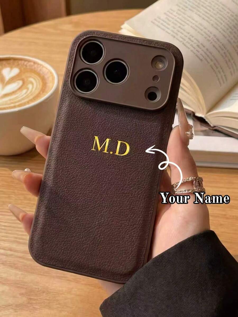 Huse de telefon personalizată cu initială și nume, compatibilă cu 17 16 15 14 13 Pro Max Plus Air, cu relief 3D, textură de lux tip lychee, din piele PU, carcasă protectoare, cadou ideal