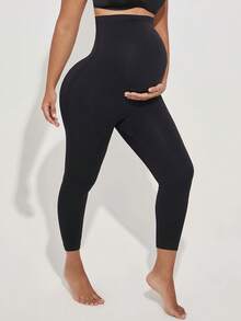 Leggings de maternidad de unicolor con alta elasticidad y soporte abdominal en negro - Negro - Ver 4
