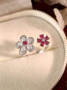1pc Silver Fashion Luxury Shiny Cubic Zirconia Double Flower Adjustable Open Ring, Women's Daily Commute Date Vacation Jewelry Gift - Silver - View 4