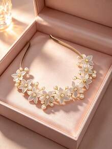 JOJELOO 1pc Minimalist Style Faux Pearl Flower Rhinestone Headband, Suitable For Women Bride Hairband, Hair Ring, Hair Accessory, Head Decoration - Gold - View 6