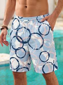 Mercer Haus Men's Loose Drawstring Waist Beach Shorts, Summer Swim Trunks - Baby Blue - View 1