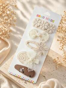 5件組珍珠蝴蝶結髮夾、波點薄紗髮夾、刺繡花朵髮夾，甜美女孩髮飾套組 - 彩色 - 查看 15