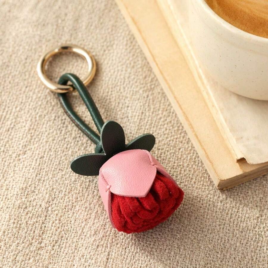 1pc Back To School Vintage Floral Bag Charm, Hand-Sewn Fabric Tulip PU Strap Spring Ring, Student Backpack Decoration - Multicolor - View 1