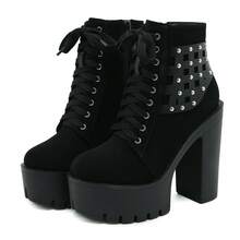 Gdgydh Women Ankle Boots Platform Lace Up Punk Heeled Motorcycle Boots Sexy Fashion Rivets Black Ankle Boots For Woman Spring Autumn Cosplay Shoes - Black - View 20