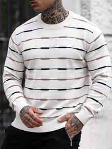Men's Mercerized Knit Striped Slim Fit Regular Shoulder Width Crew Neck Long Sleeve Sweater - White - View 3