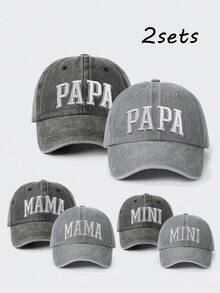 3/6件組刺繡 PAPA+MAMA+MINI 親子系列水洗棒球帽，可調節防曬休閒帽，適合男孩女孩，適用春秋旅行、海邊度假、戶外活動 - 棒球帽 - 查看 24